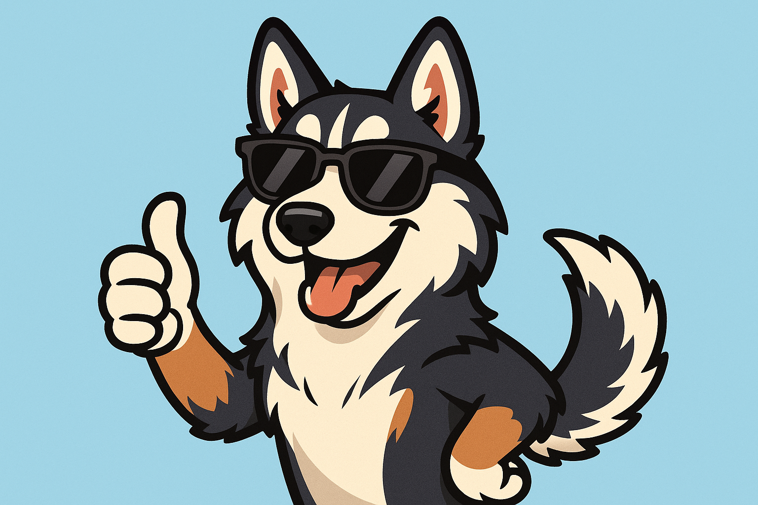 Cartoon bernese mountain dog / husky mix wearing sunglasses giving a thumbs up with a light blue background